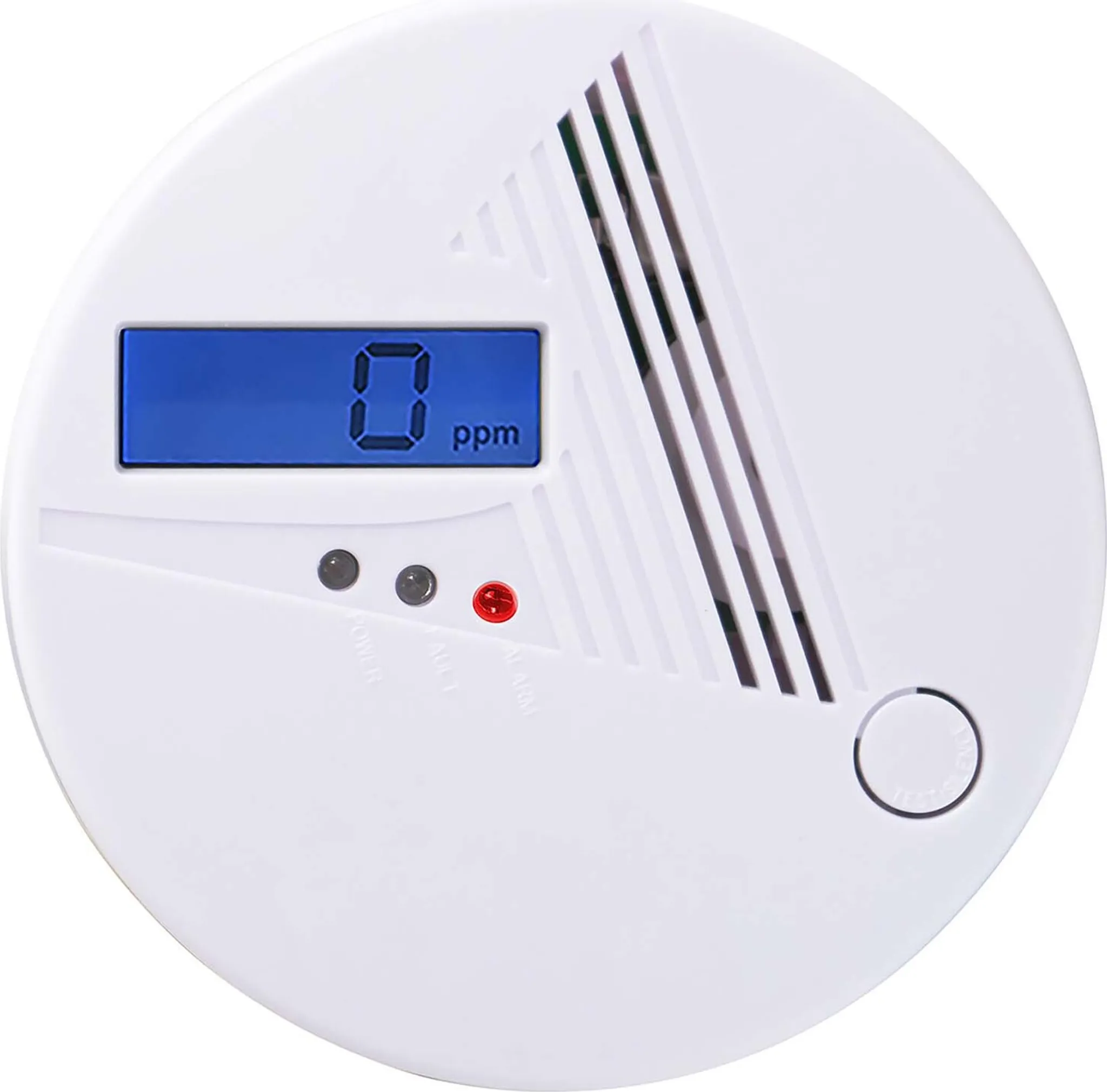 Ein weißer Kohlenmonoxid-Detektor. Er hat eine blaue Anzeige mit 0 ppm. Es gibt Statusleuchten und eine Testtaste.