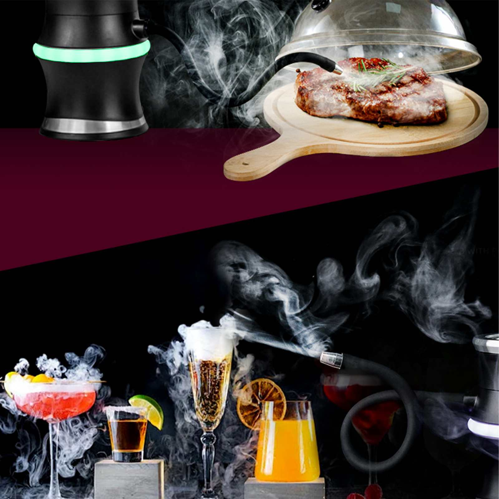 Das Bild zeigt einen Raucher mit Steak, Cocktails und Rauch. Schwarzer und burgunderfarbener Hintergrund mit verschiedenen Getränken.