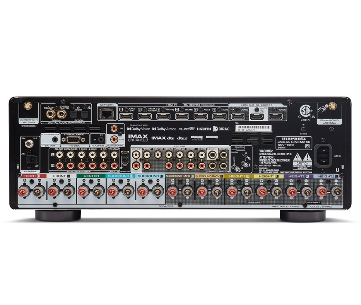 Rückansicht eines schwarzen Marantz Cinema 50 Receivers mit zahlreichen Ein-/Ausgängen und Beschriftungen.