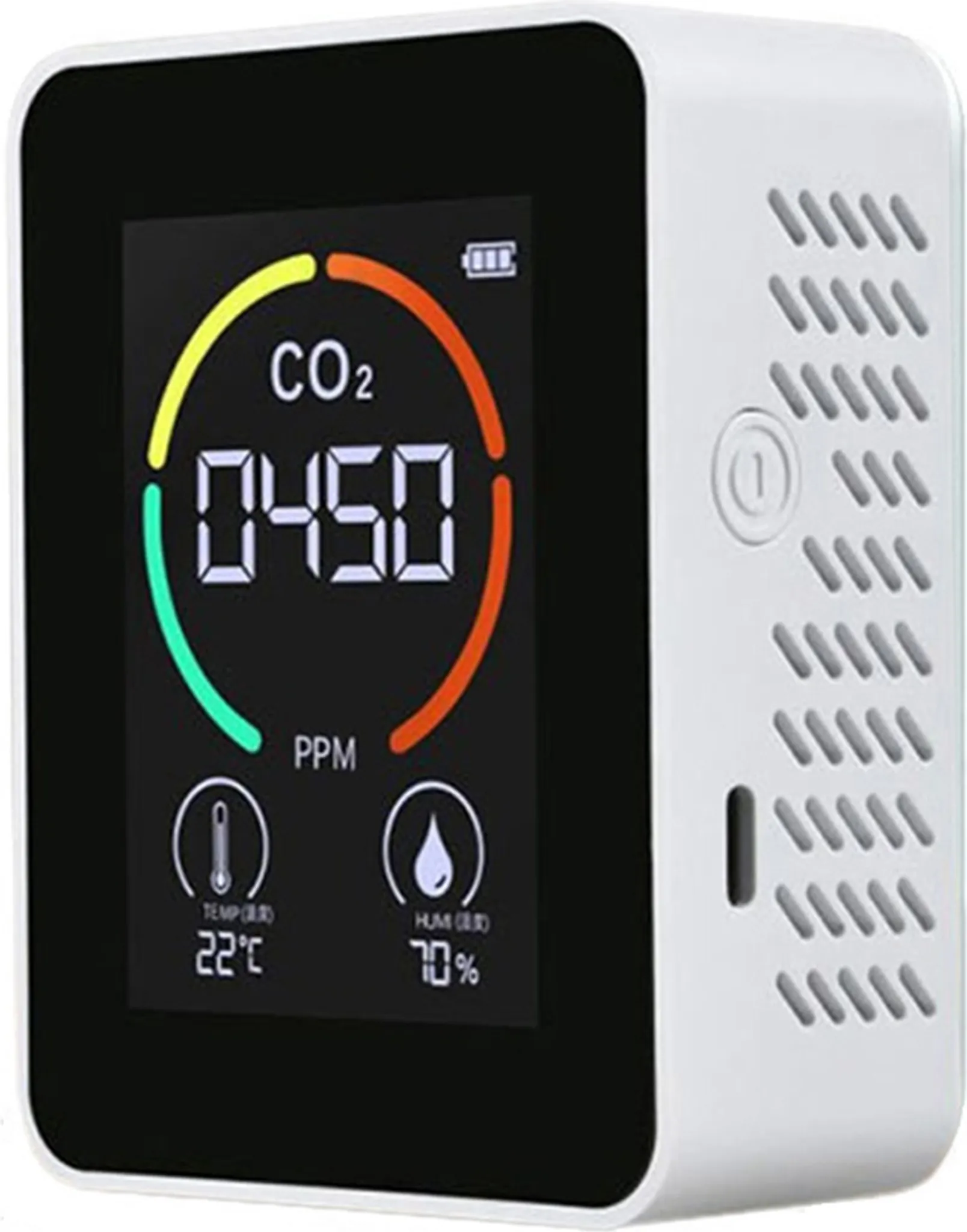 Ein weißer CO2-Monitor zeigt 0450 PPM an. Außerdem werden Temperatur und Luftfeuchtigkeit angezeigt. Die rechte Seite hat Lüftungsschlitze.