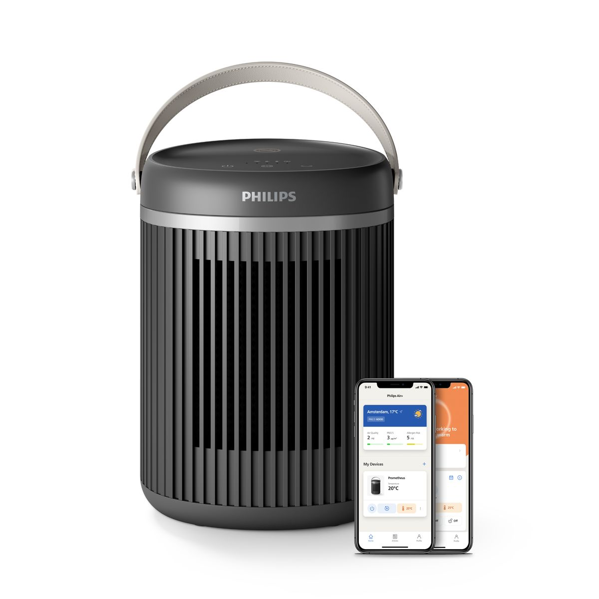 Czarny oczyszczacz powietrza Philips z białym uchwytem i dwoma smartfonami wyświetlającymi informacje o urządzeniu. Tło jest białe.