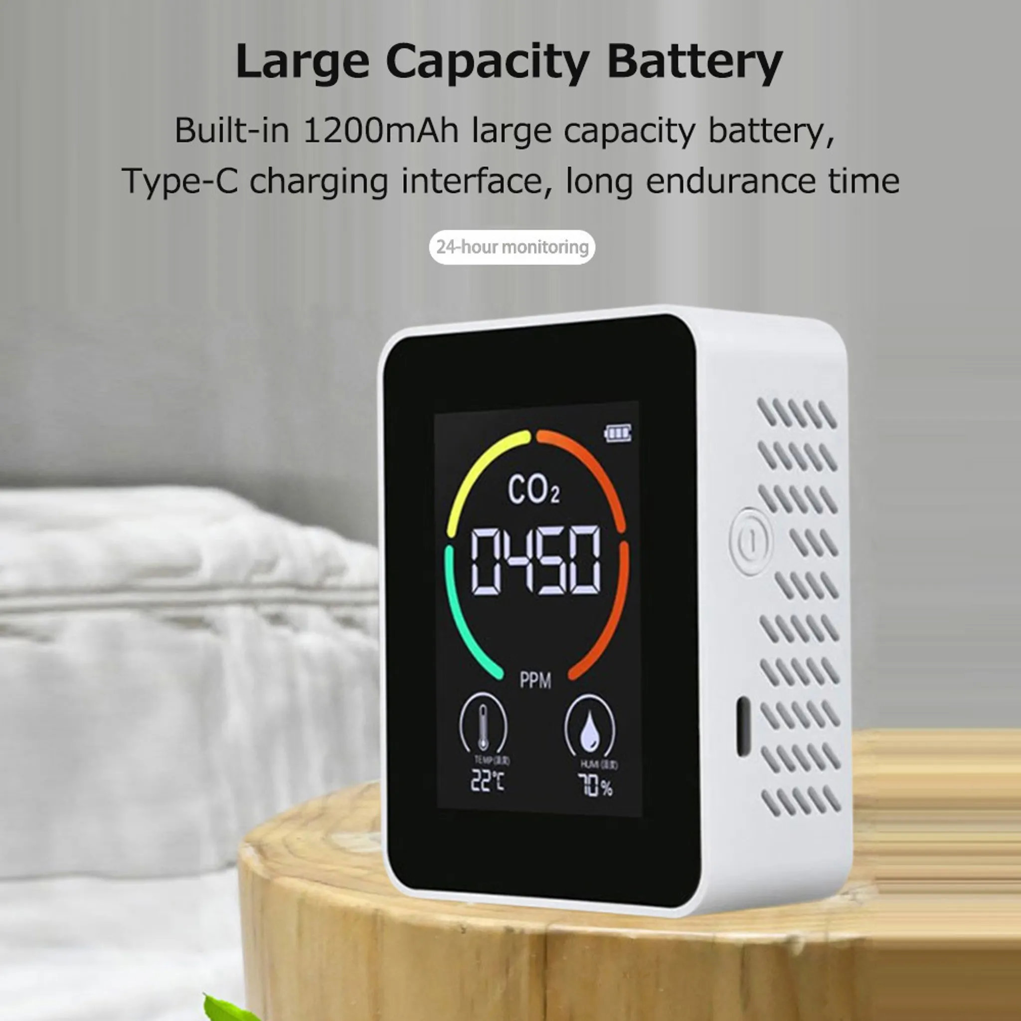 Ein weißer Luftqualitätsmonitor zeigt CO2-Wert, Temperatur und Luftfeuchtigkeit an. Er steht auf einer Holzoberfläche mit einem Bett im Hintergrund.