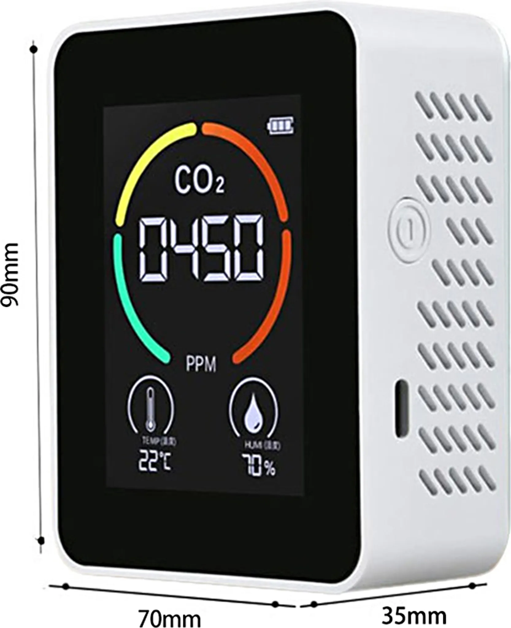 Ein weißer CO2-Monitor zeigt 0450 ppm an. Er zeigt Temperatur- und Feuchtigkeitsmesswerte mit einer Power-Taste und Lüftungsschlitzen.