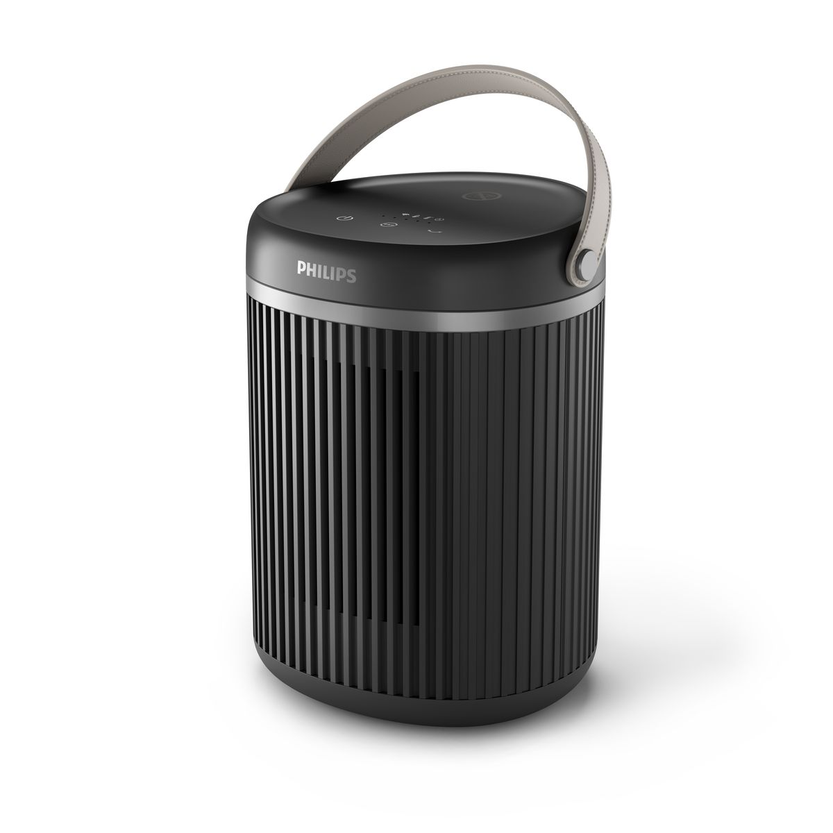 Czarny oczyszczacz powietrza Philips z szarym uchwytem. Urządzenie ma pionowe linie i srebrne wykończenia na białym tle.
