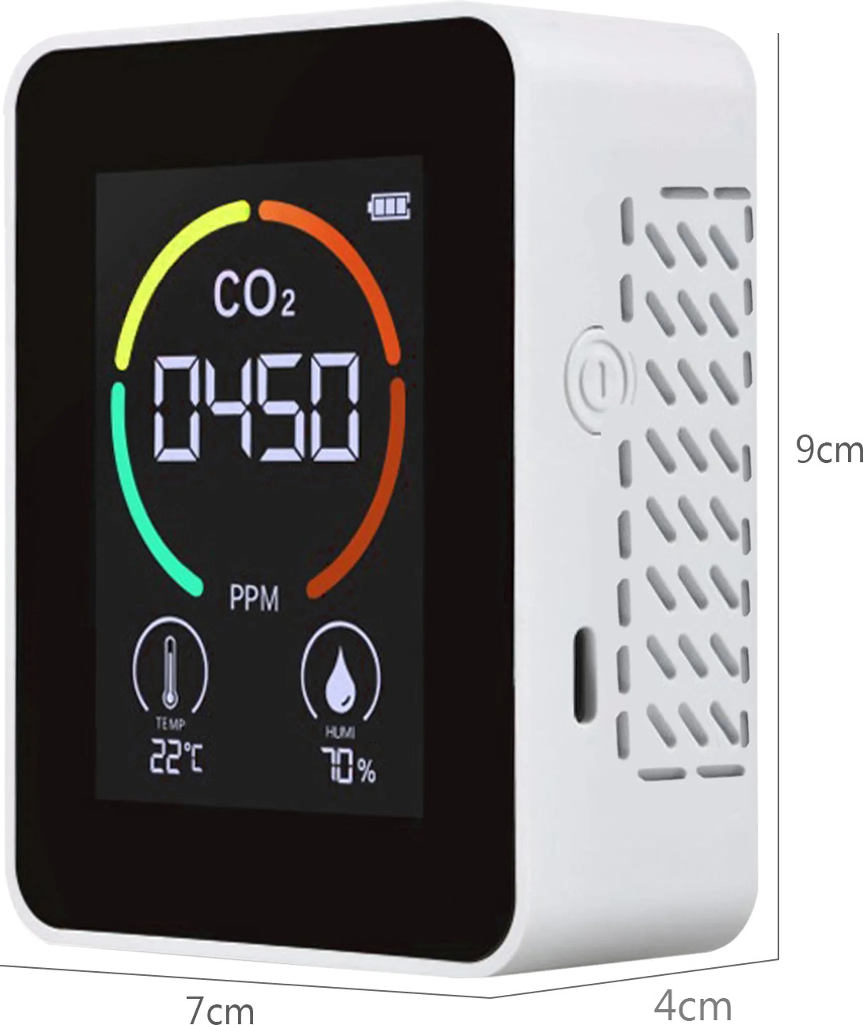Weißer Luftqualitätsmonitor mit schwarzem Display, das CO2-Wert, Temperatur und Luftfeuchtigkeit anzeigt.