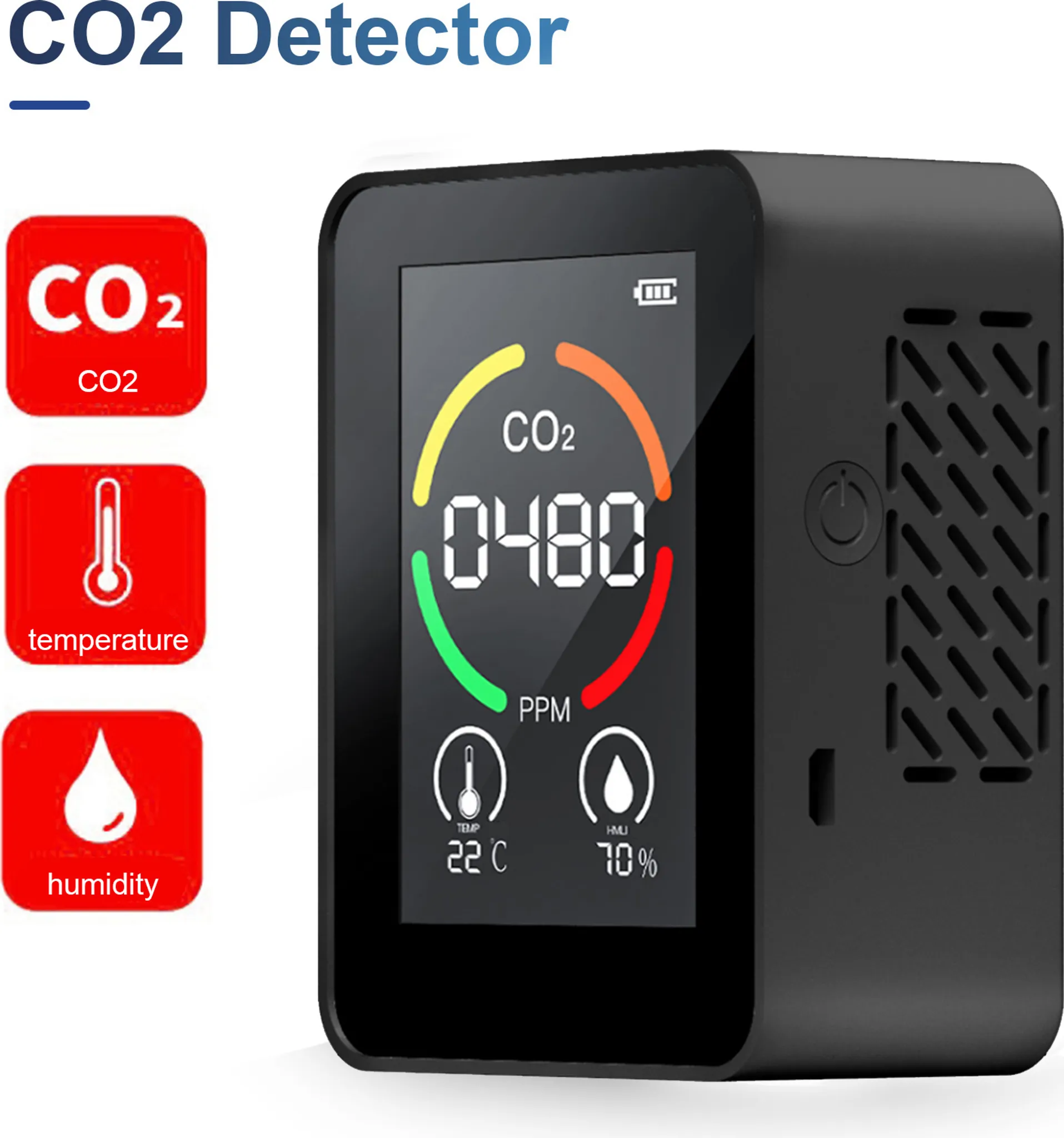 Ein CO2-Detektor zeigt CO2-Werte, Temperatur und Luftfeuchtigkeit an. Es hat einen Bildschirm und drei rote Symbole: CO2, Temperatur und Luftfeuchtigkeit.