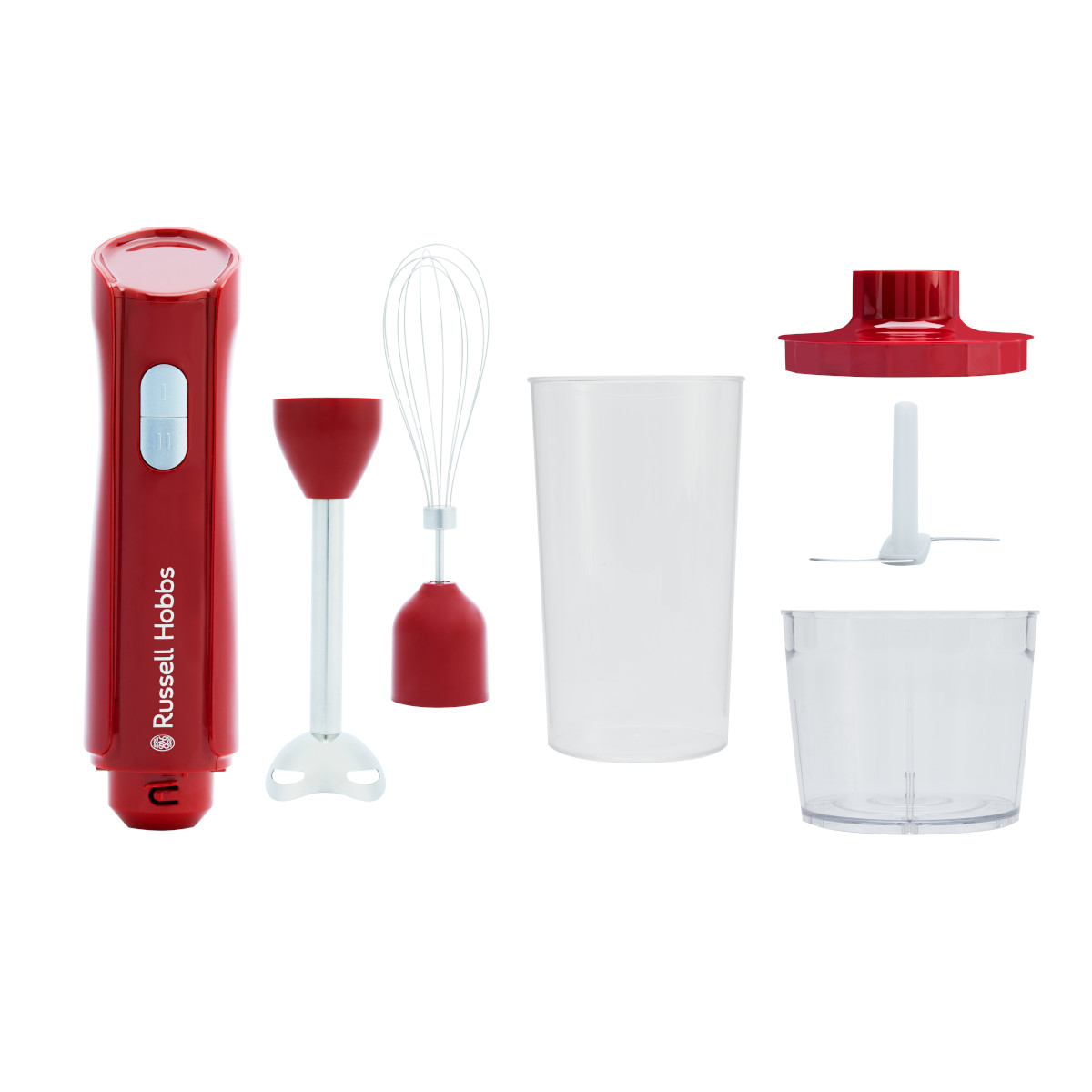 Roter Russell Hobbs Stabmixer mit Aufsätzen: Schneebesen, Klinge, Becher und Zerkleinerer, alles auf weißem Hintergrund.