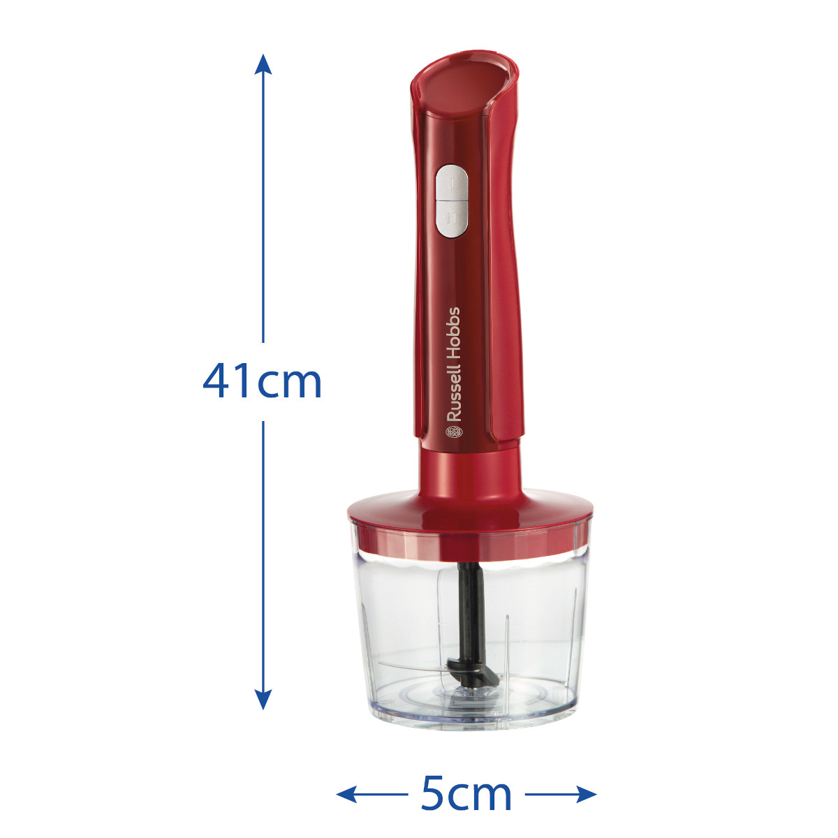Ein roter Russell Hobbs Stabmixer mit einem durchsichtigen Behälter. Maße: 41 cm hoch, 5 cm breit.