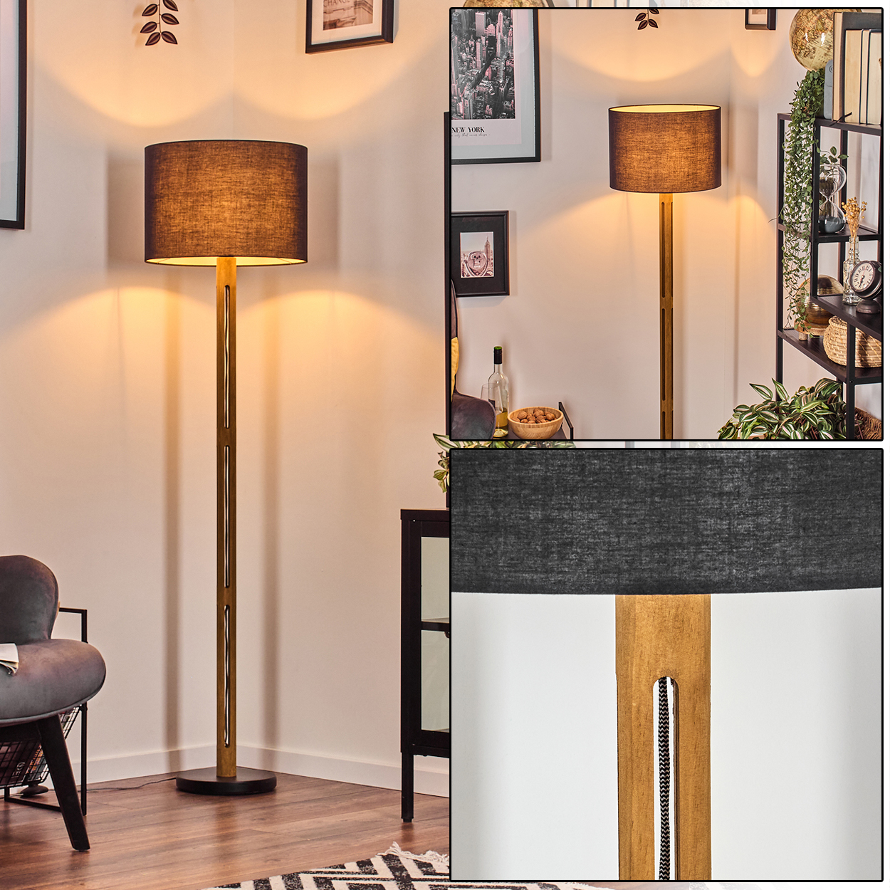 Eine Stehlampe mit schwarzem Lampenschirm steht in einem Raum. Die Holzlampe hat ein rechteckiges Design. Bilder und Regale sind sichtbar.