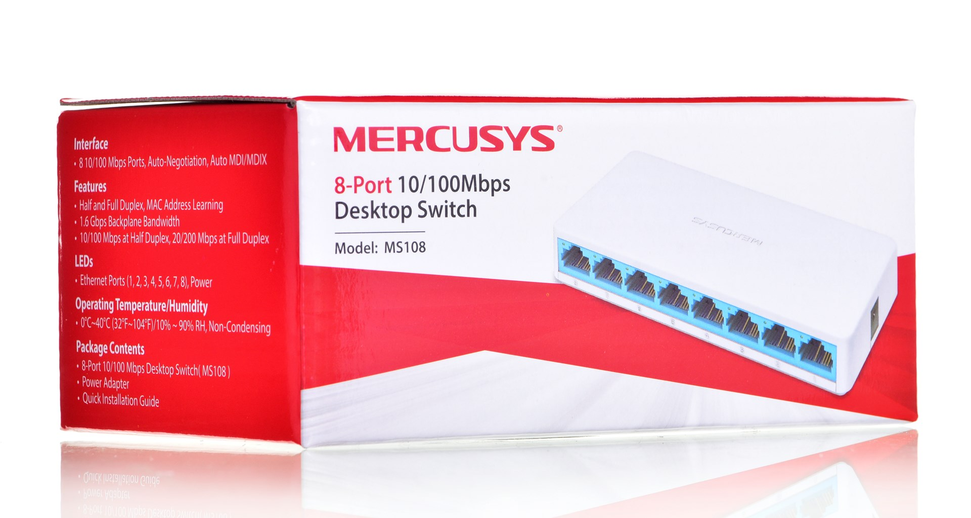Se muestra una caja de Mercusys 8-Port 10/100Mbps Desktop Switch. Es blanca con puertos azules y un fondo rojo y blanco.