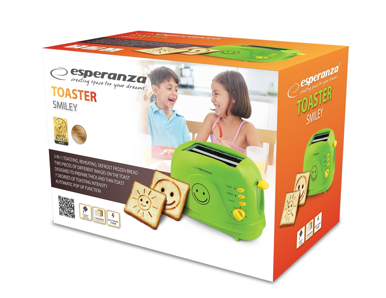 Eine Schachtel mit einem grünen Toaster mit einem Smiley. Zwei Kinder lächeln, und es gibt Toastscheiben mit Smileys.