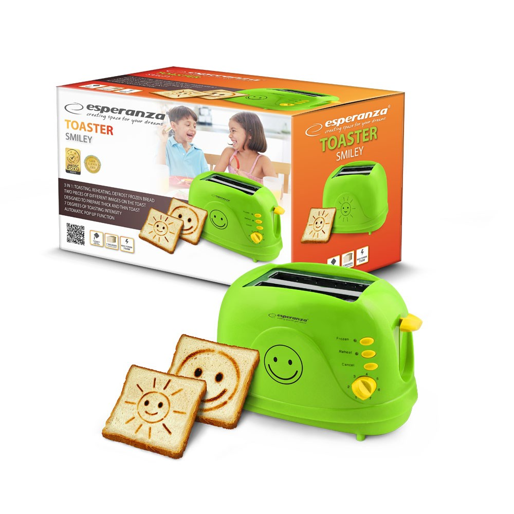 Ein grüner Toaster mit einem Smiley-Gesicht, mit einer Schachtel mit Kindern und Toast. Toasts mit Sonnen- und Smiley-Gesichtern sind sichtbar.