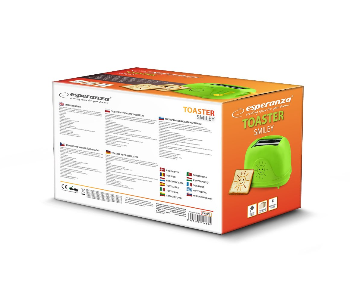 Eine Schachtel mit Esperanza Toaster Smiley. Der Toaster ist grün. Die Schachtel ist orange und weiß, mit Details.
