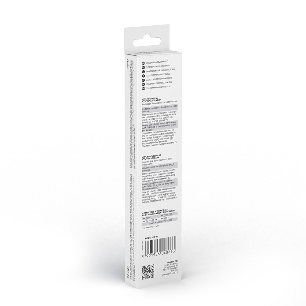 Biało-szare opakowanie pilota z tekstem i kodem kreskowym. Nazwa produktu jest widoczna.