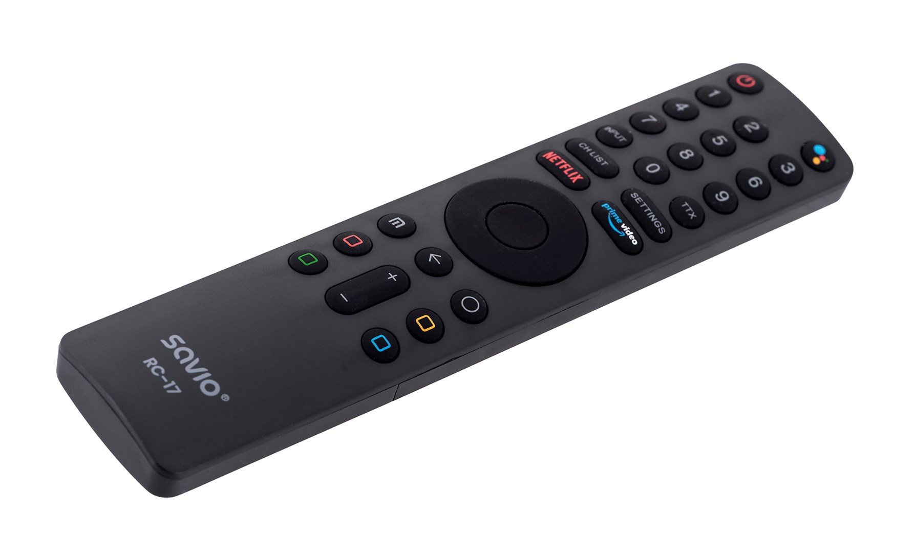 Czarny pilot Savio RC-17 z przyciskami do Netflix, Prime Video, cyframi i kontrolkami kierunkowymi. Na białym tle.