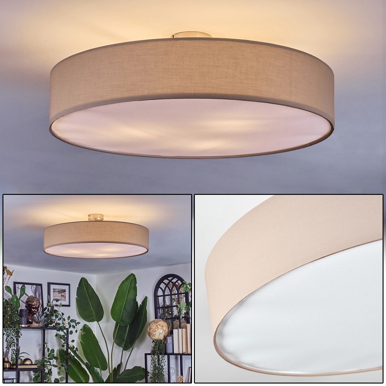 Eine beige Trommel-Deckenleuchte ist montiert. Die Szene umfasst einen Raum mit Pflanzen und Dekor. Das Licht hat einen weißen Innenraum.