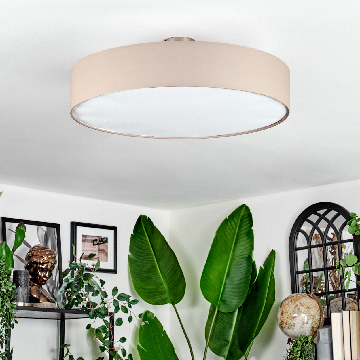 Eine beige Deckenlampe hängt über grünen Pflanzen, einem Globus und gerahmter Kunst. Der Raum hat weiße Wände und ein dekoratives Fenster.