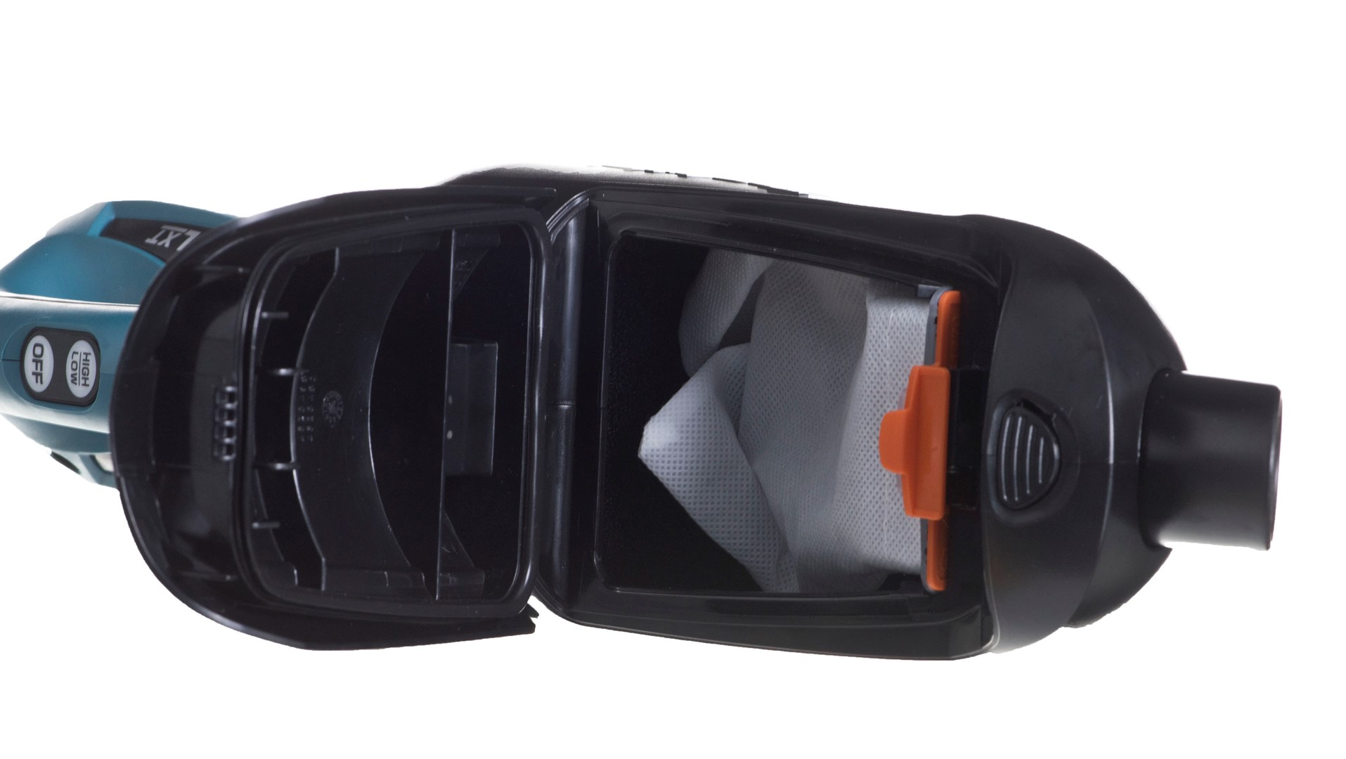 Black and teal vacuum cleaner with open compartment. White filter inside. Orange latch. Power buttons on the side.