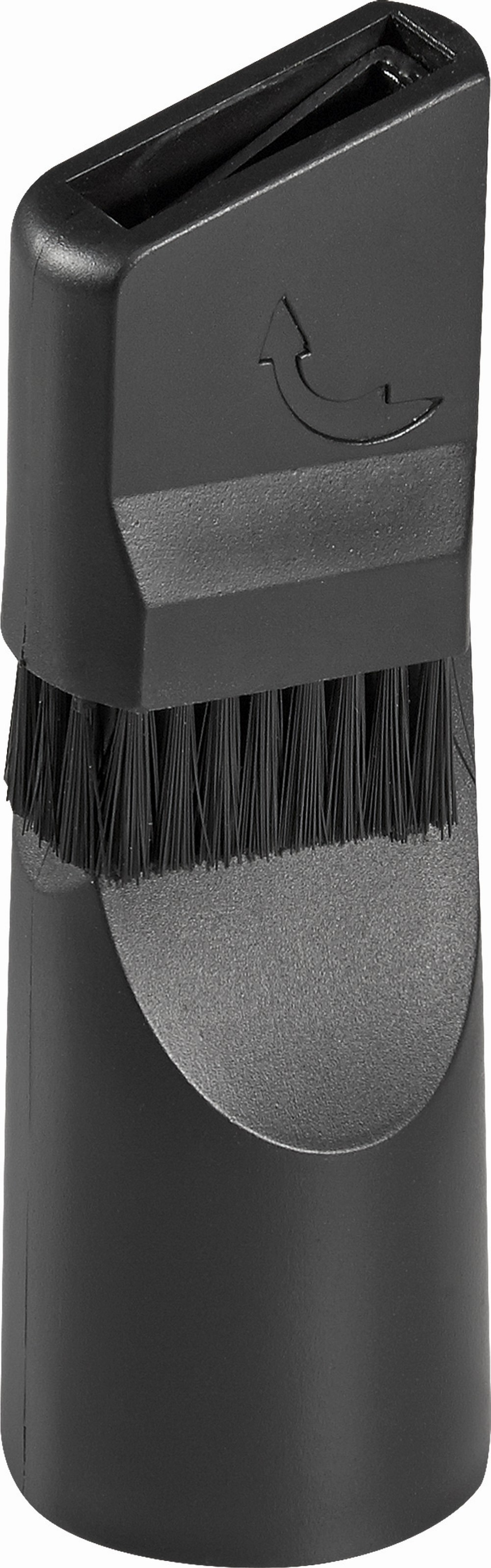 Czarny osprzęt do odkurzacza. Ma szczotkę i zakrzywioną dyszę. Strzałka wskazuje kierunek.