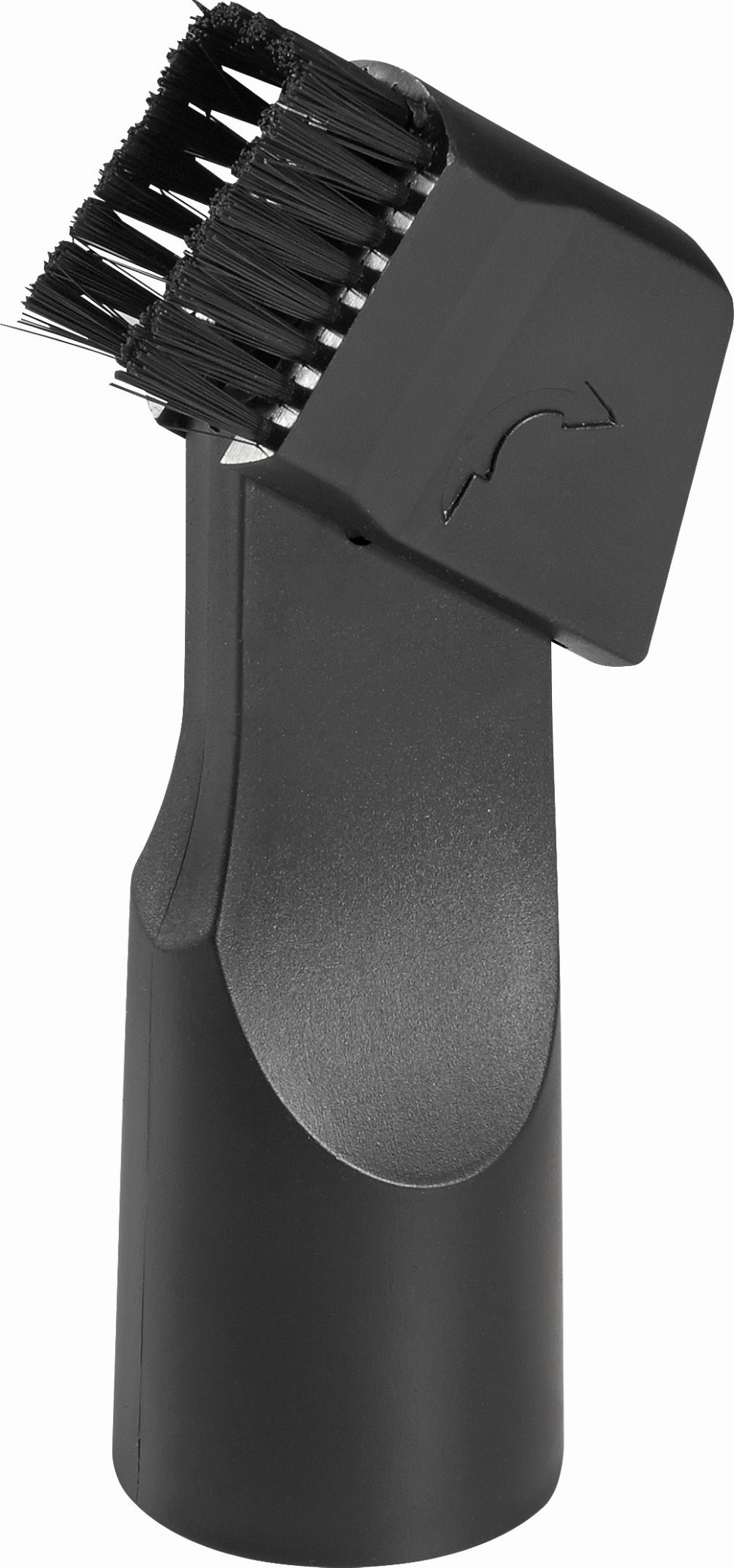 Czarny osprzęt do szczotki do odkurzacza. Ma włosie na jednym końcu i zakrzywioną konstrukcję. Strzałka wskazuje kierunek.