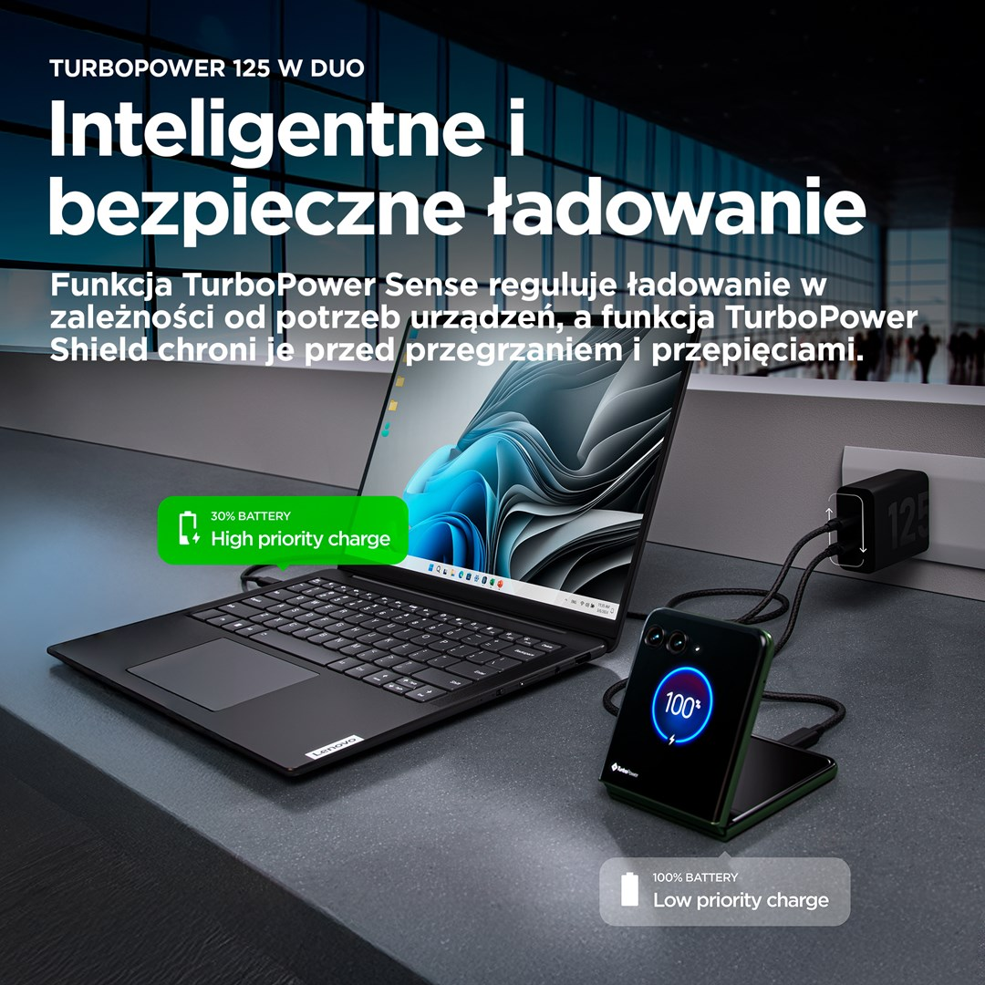 Un ordinateur portable et un téléphone se chargent avec un chargeur TurboPower. L'ordinateur affiche 30 % de batterie, le téléphone 100 %.
