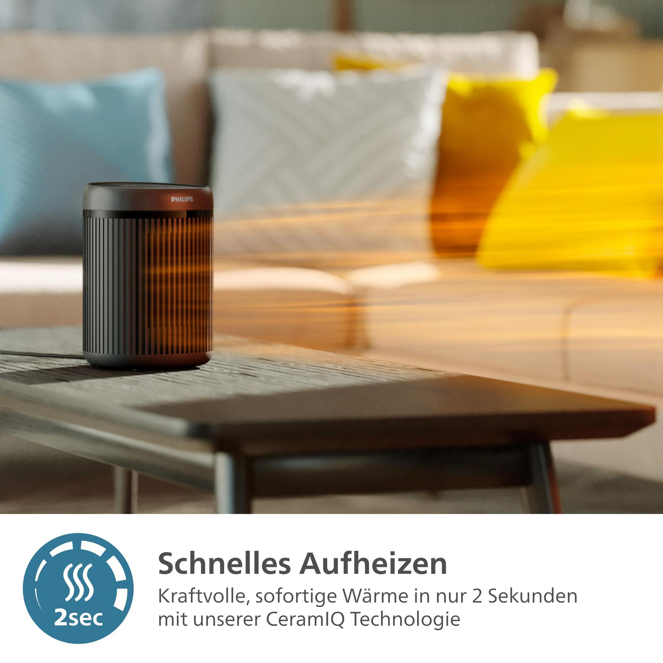 Grzejnik Philips na stole z rozmytym tłem poduszek. Tekst mówi 'Szybkie nagrzewanie' i '2 sekundy'.