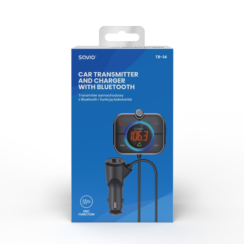 Transmiter samochodowy Savio TR-14 i ładowarka z Bluetooth na pudełku produktu na białym tle.