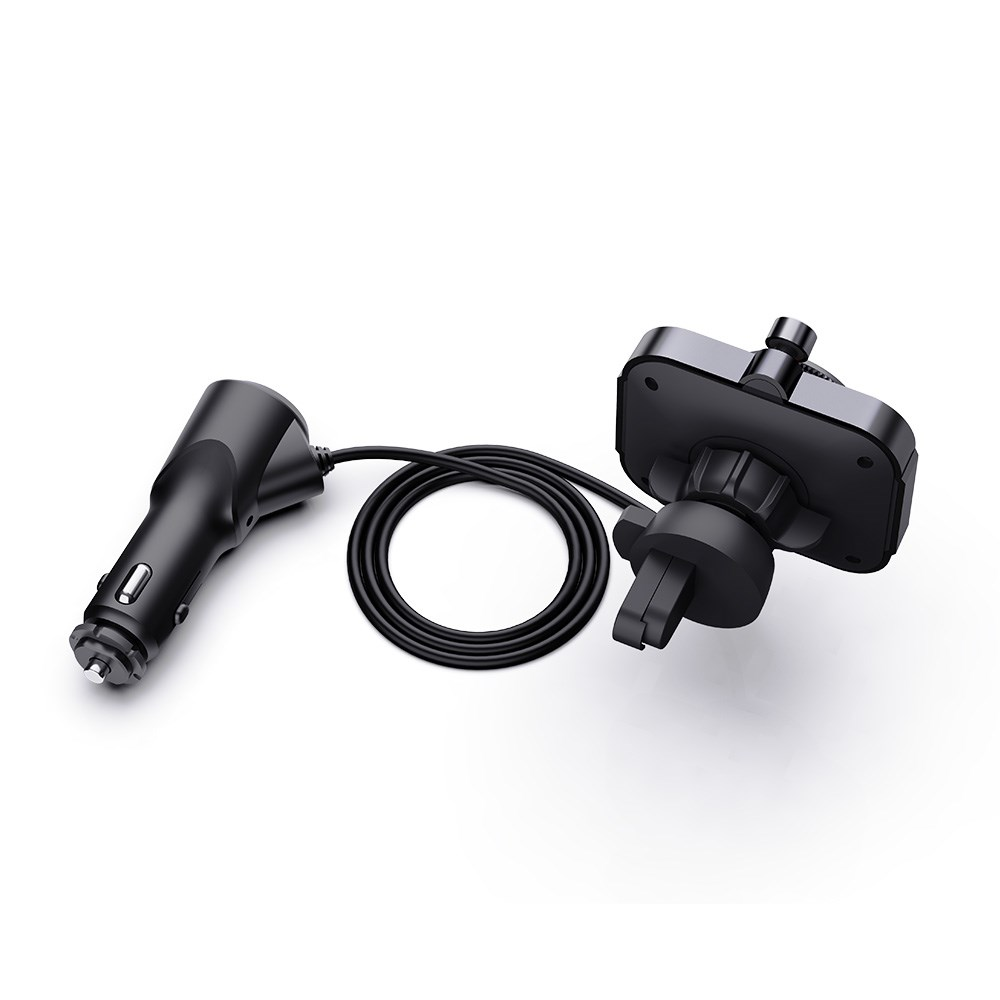 Czarna ładowarka samochodowa z podłączonym uchwytem na telefon i zwiniętym czarnym kablem na białym tle.
