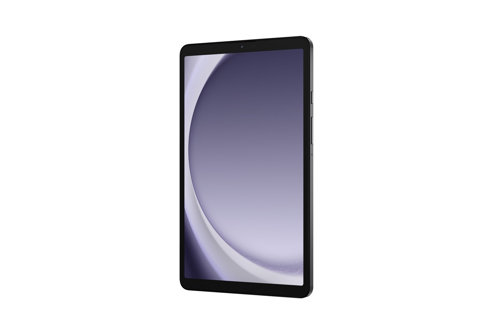 Un tablet nero con schermo sfumato su sfondo bianco. Lo schermo mostra un design lilla chiaro.
