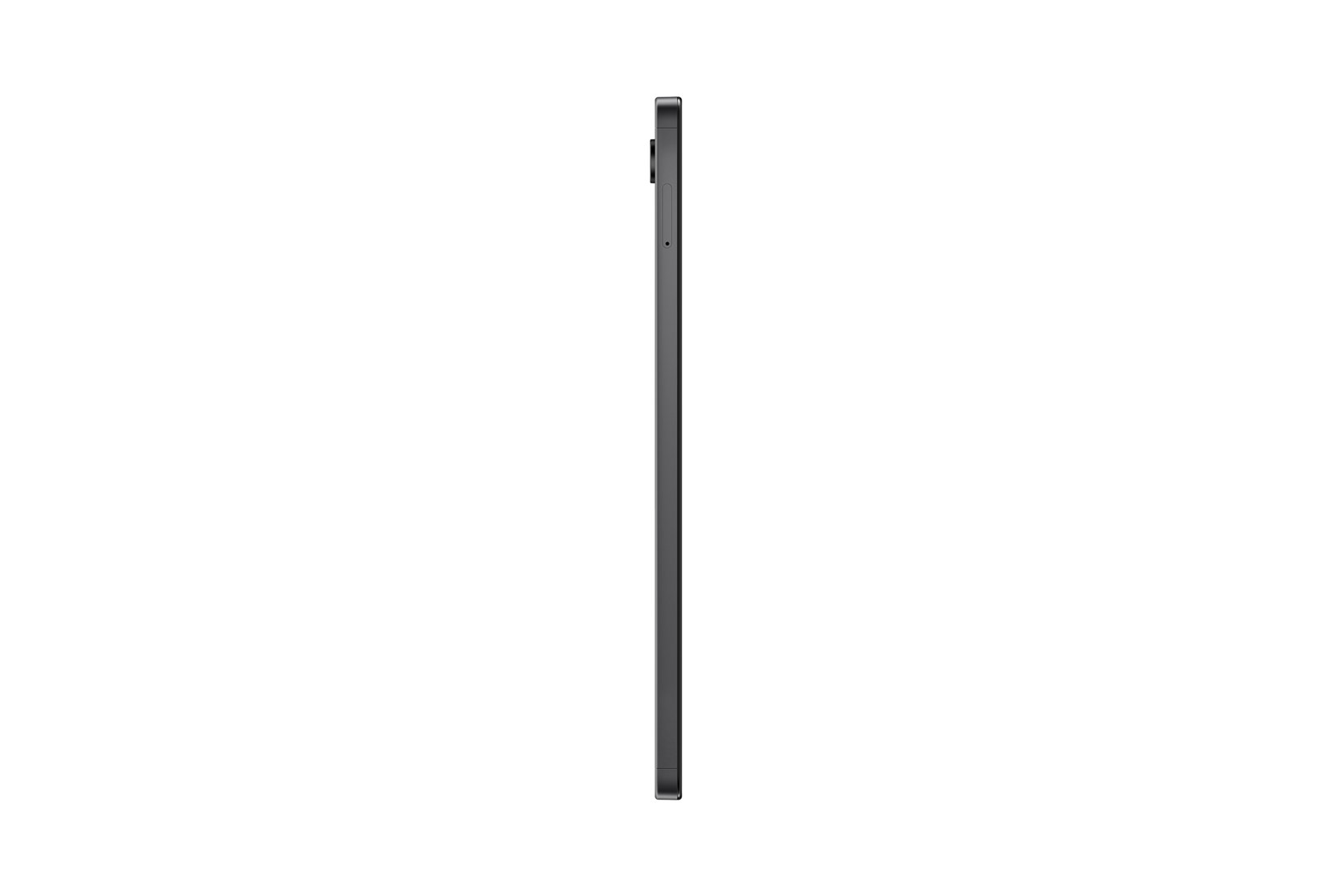 Vista laterale di un tablet grigio scuro. Il tablet è verticale e centrato, con sfondo bianco.