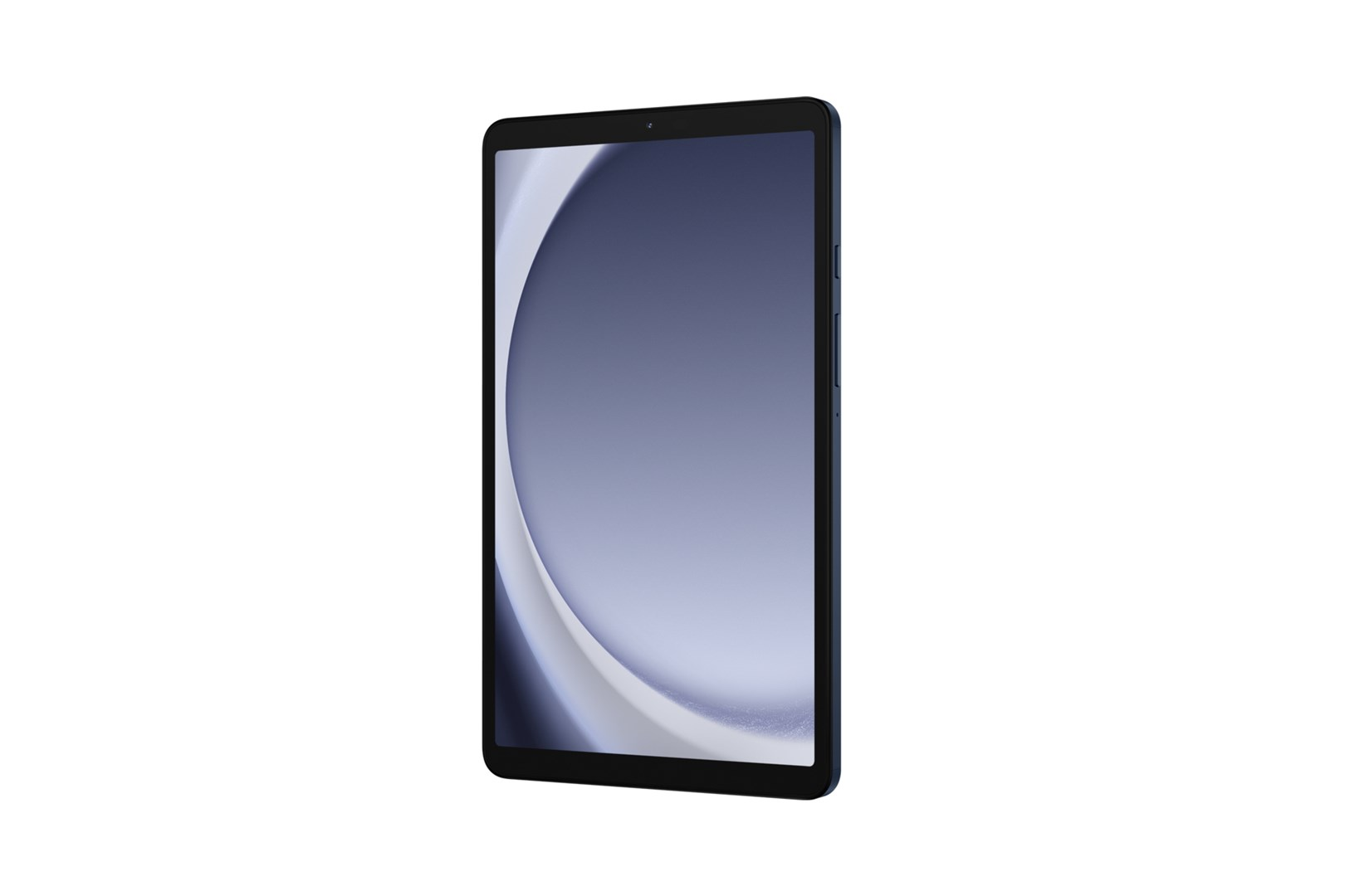 Un tablet con cornice blu scura. Lo schermo ha un gradiente di colori blu e bianco. Lo sfondo è bianco.