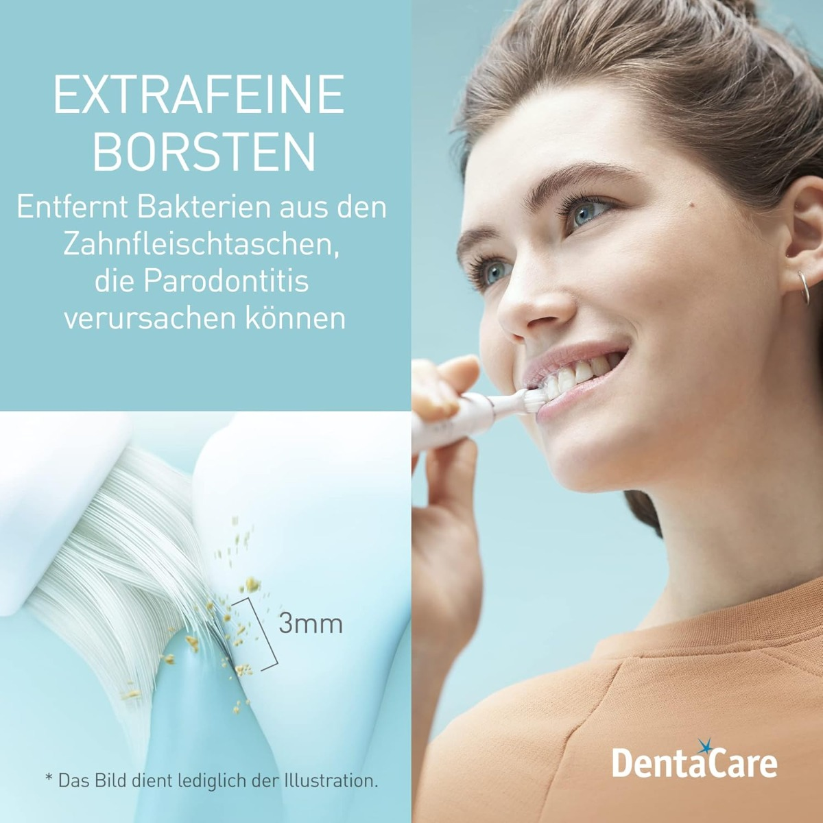 Kobieta myje zęby szczoteczką elektryczną. Obraz przedstawia szczegółowy widok zębów i dziąseł oraz tekst o bakteriach.