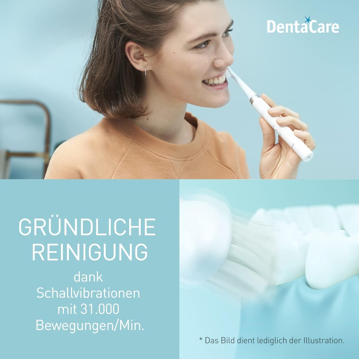 Kobieta myje zęby szczoteczką elektryczną. Tło to niebiesko-turkusowy gradient z nazwą marki 'DentaCare'.