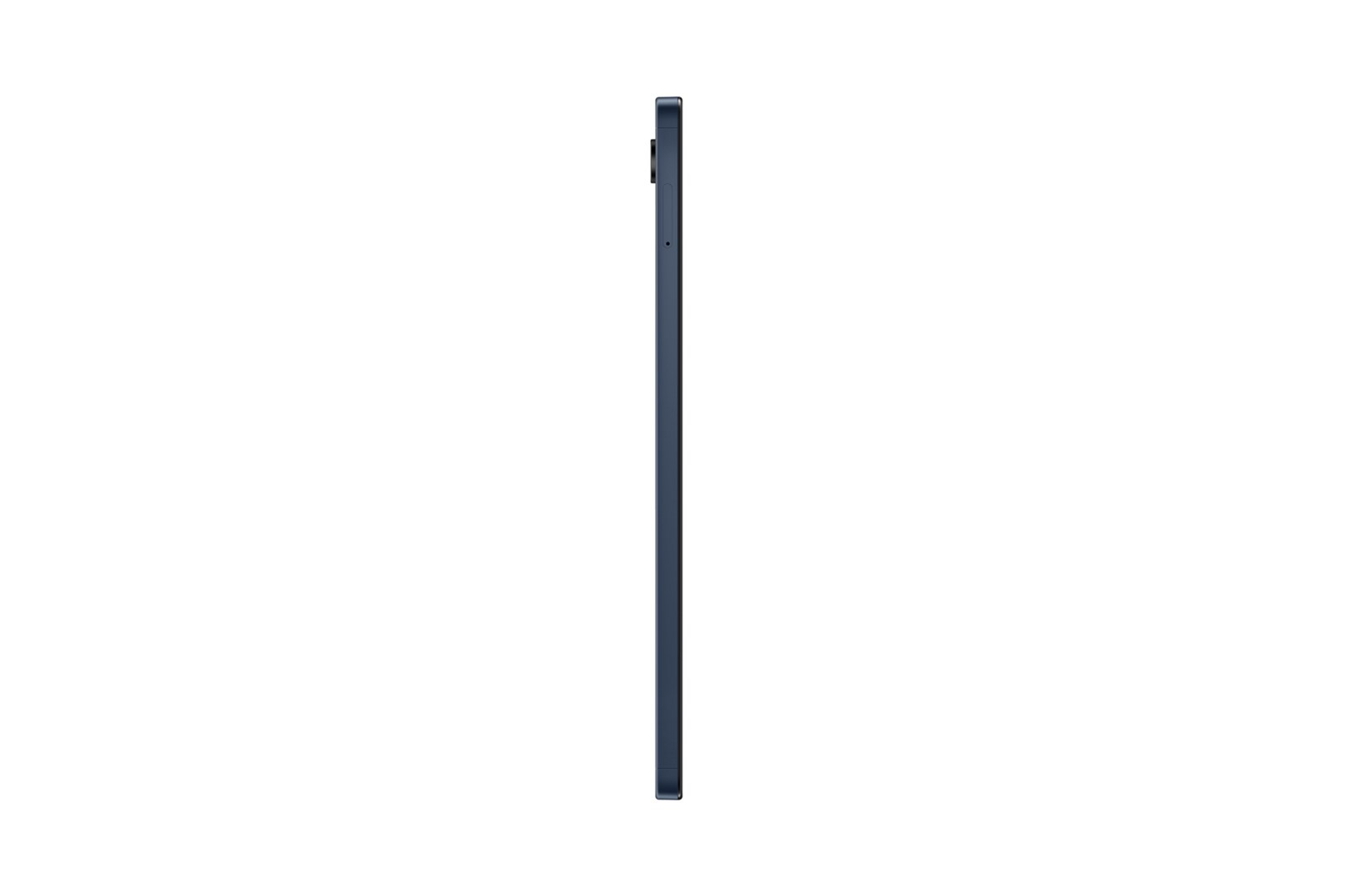 Un tablet blu scuro è mostrato di lato, con una fotocamera e pulsanti. Lo sfondo è bianco.