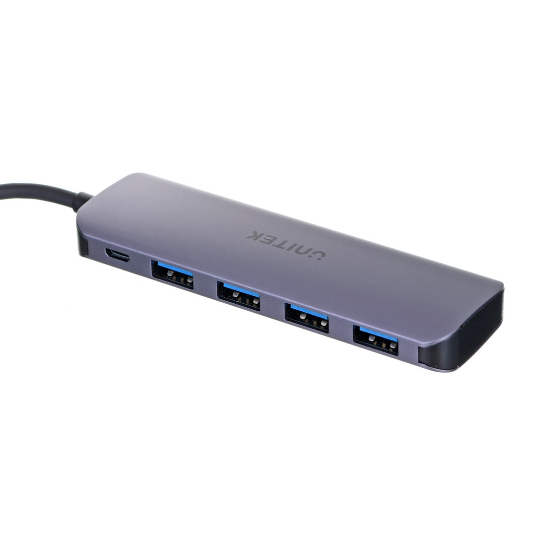 Ein grauer Unitek USB-Hub mit vier Anschlüssen auf weißem Grund. Er hat ein schwarzes Kabel.