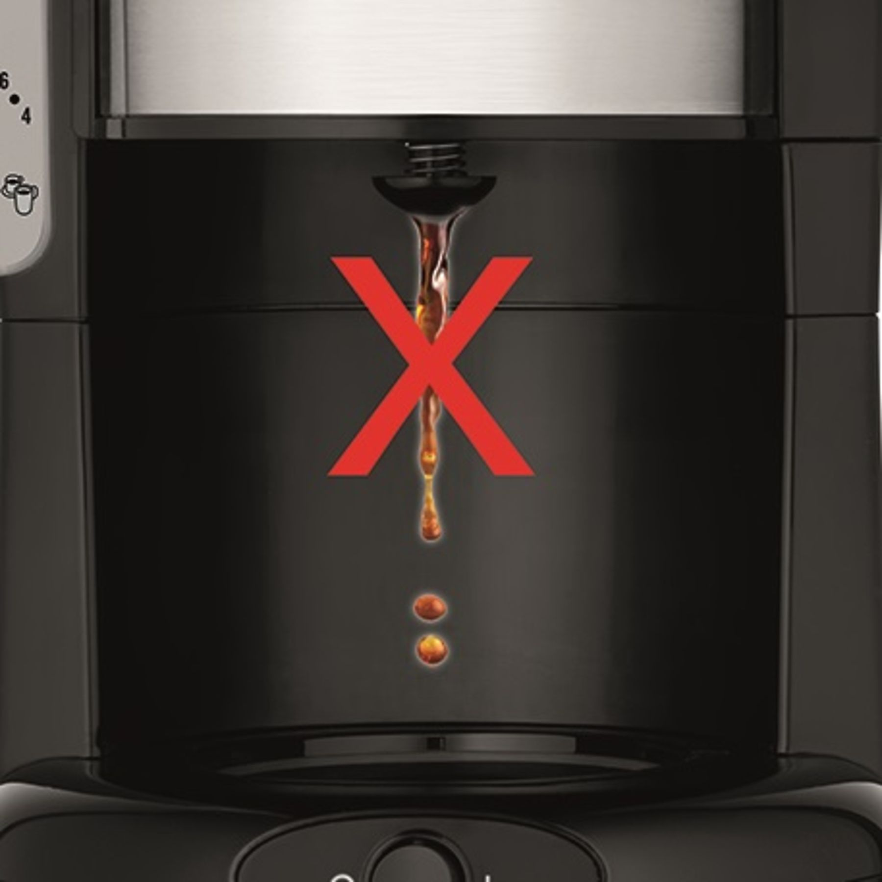 A coffee maker with a red 'X' over it. Coffee drips from the spout. The machine is black and silver.