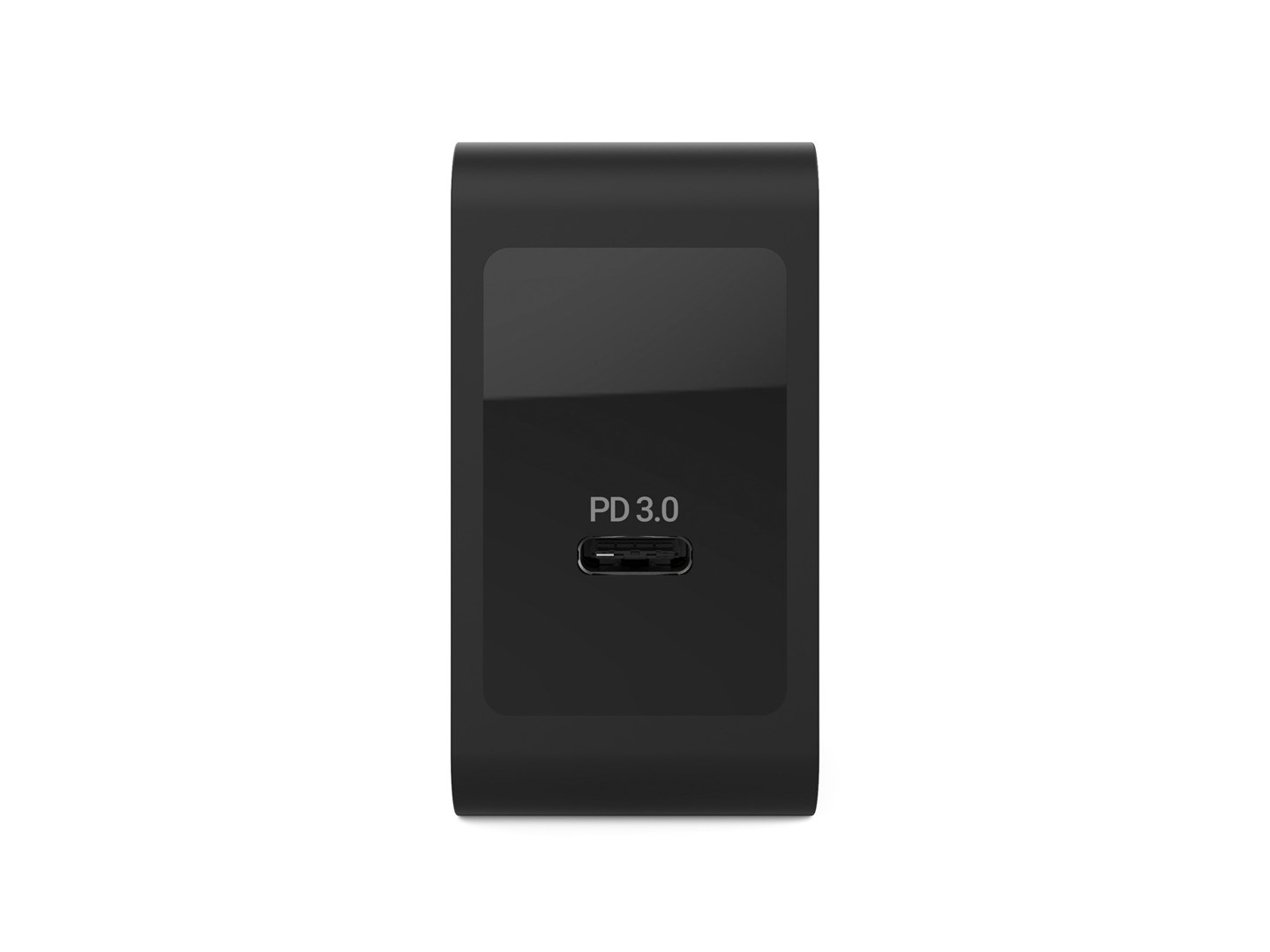 Ein schwarzes PD 3.0 Ladegerät vor weißem Hintergrund. Es hat einen USB-C-Anschluss und ist rechteckig.
