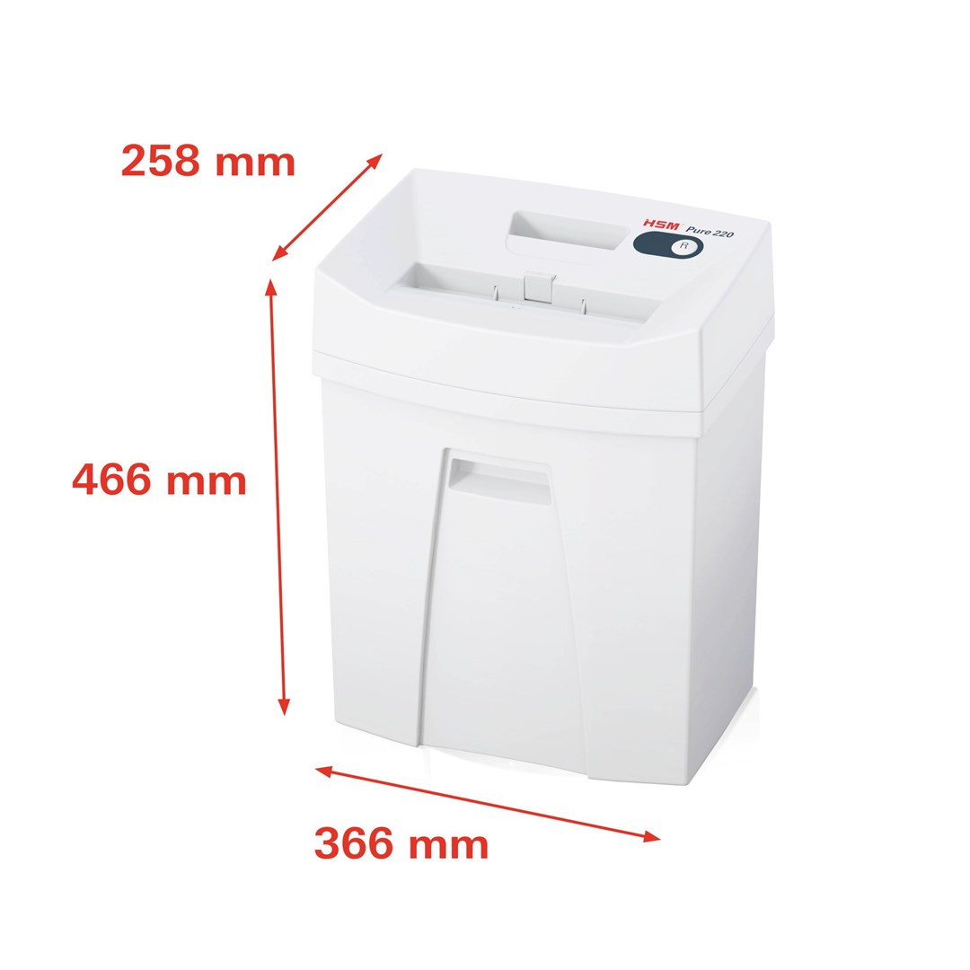 Se muestra una destructora de papel blanca con las dimensiones etiquetadas. Mide 466 mm de alto, 258 mm de ancho y 366 mm de profundidad. La marca es visible.