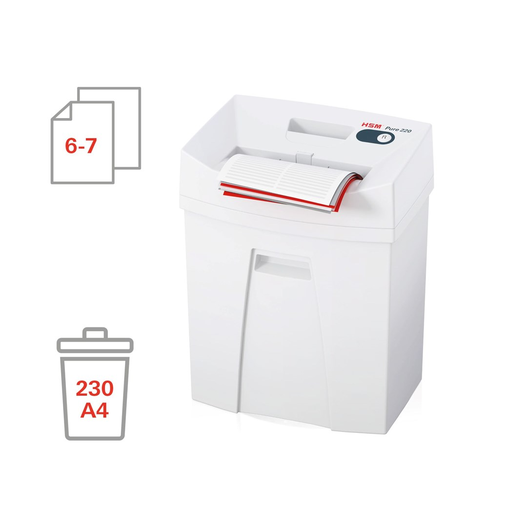 Una destructora de papel blanca con símbolos de papel y cubo de basura. La destructora tiene papel que se está triturando y se muestra la capacidad de la destructora.