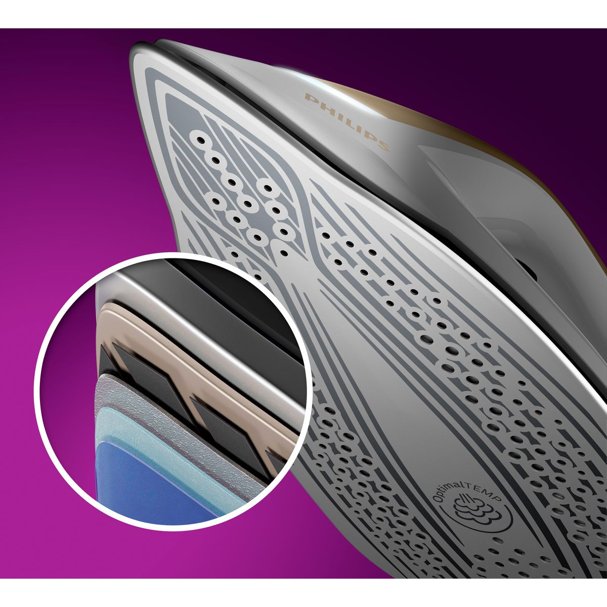 Zbliżenie żelazka Philips. Żelazko jest szare i białe z fioletowym tłem. Zawiera szczegół warstw stopy żelazka.