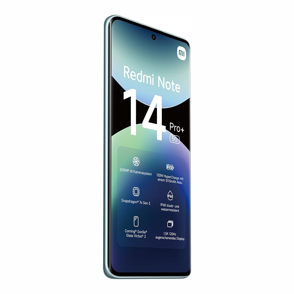 Smartfon Redmi Note 14 Pro+ 5G pokazany po przekątnej. Kluczowe cechy na ekranie obejmują aparat, ładowanie i specyfikacje wyświetlacza.