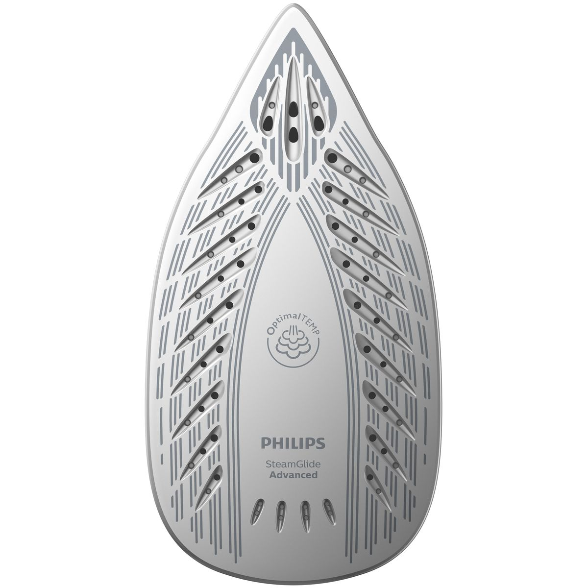 Primer plano de una suela blanca Philips SteamGlide Advanced con detalles y agujeros grises. La marca es visible.