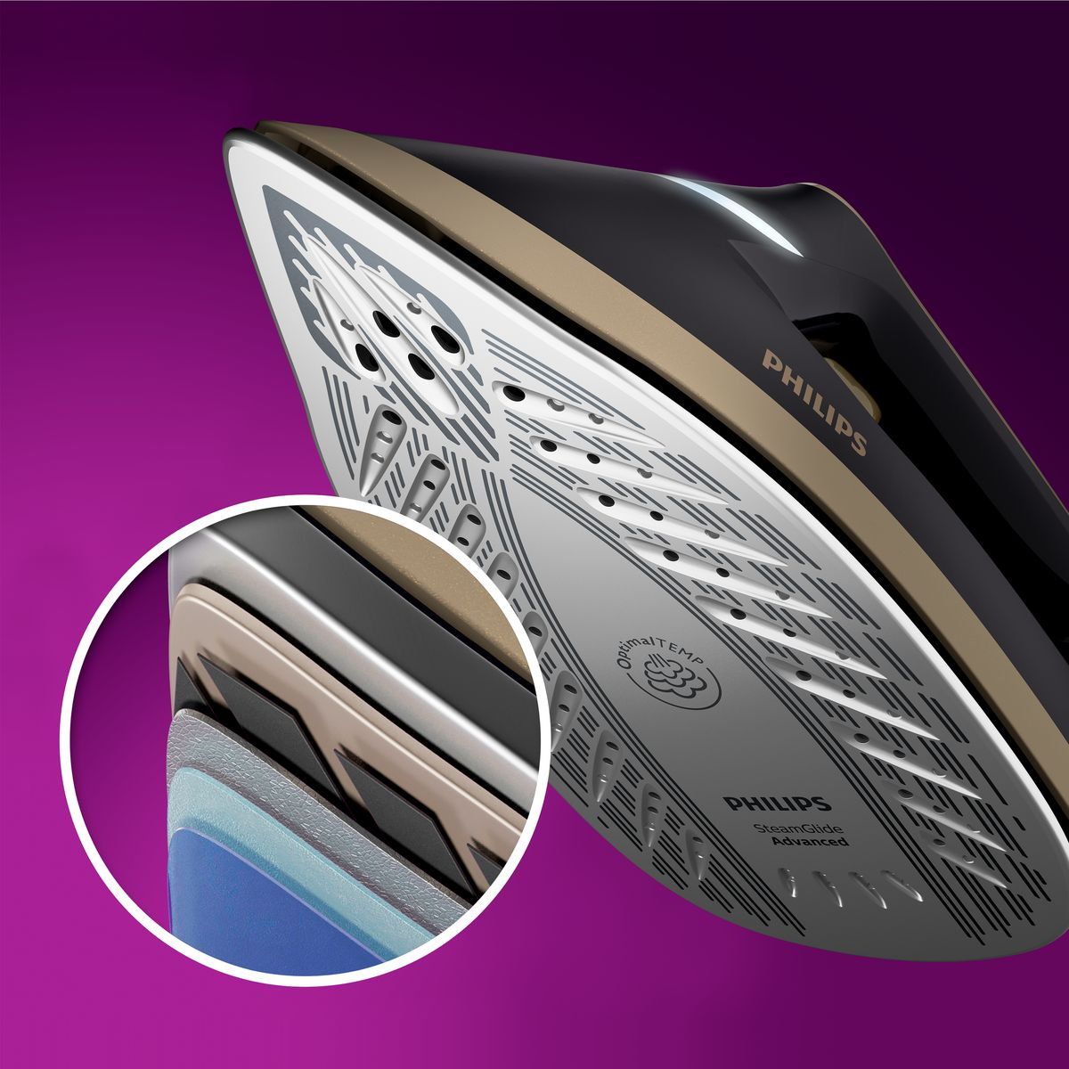 Primer plano de una plancha de vapor Philips con suela multicapa y fondo morado. La plancha es negra y dorada.