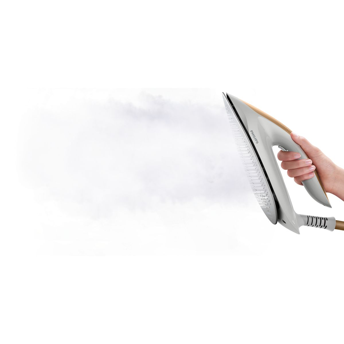 Ręka trzyma szare i złote żelazko, uwalniając parę. Tło jest białe. Widoczne jest logo Philips.
