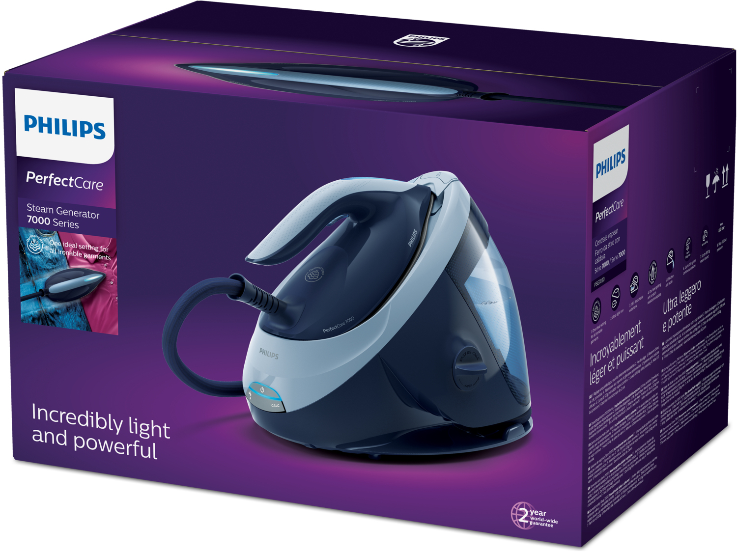 Ein Philips PerfectCare Dampfgenerator-Bügeleisenkarton. Die Box ist lila mit dem Bügeleisen sichtbar. Text auf der Box: Unglaublich leicht und kraftvoll.
