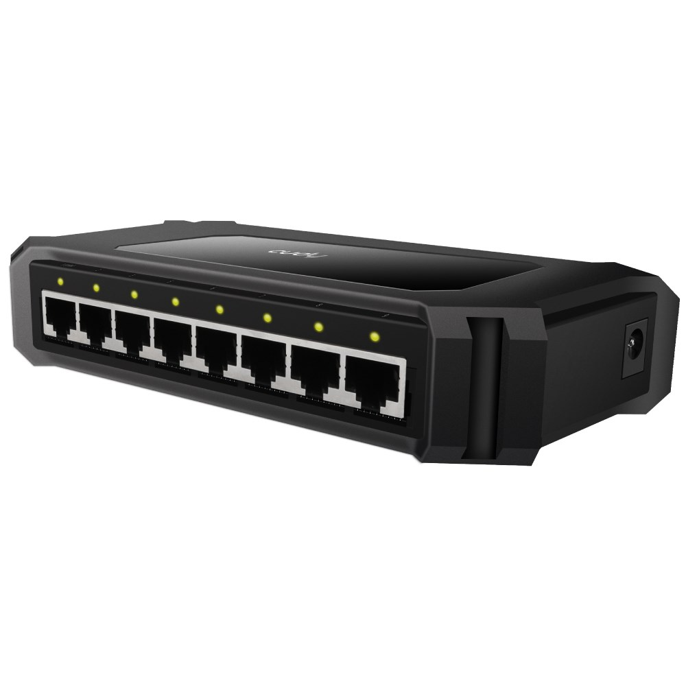 Un commutateur réseau noir avec huit ports Ethernet. Chaque port a une LED jaune. L'appareil est posé sur fond blanc.