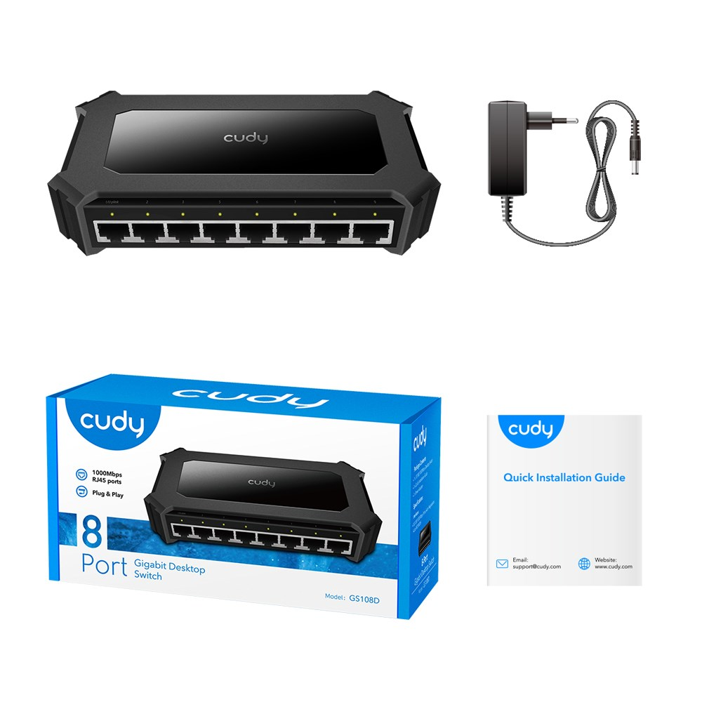 L'image montre un commutateur de bureau Gigabit Cudy à 8 ports noir, un adaptateur secteur, une boîte et un guide d'installation. La boîte est bleue.
