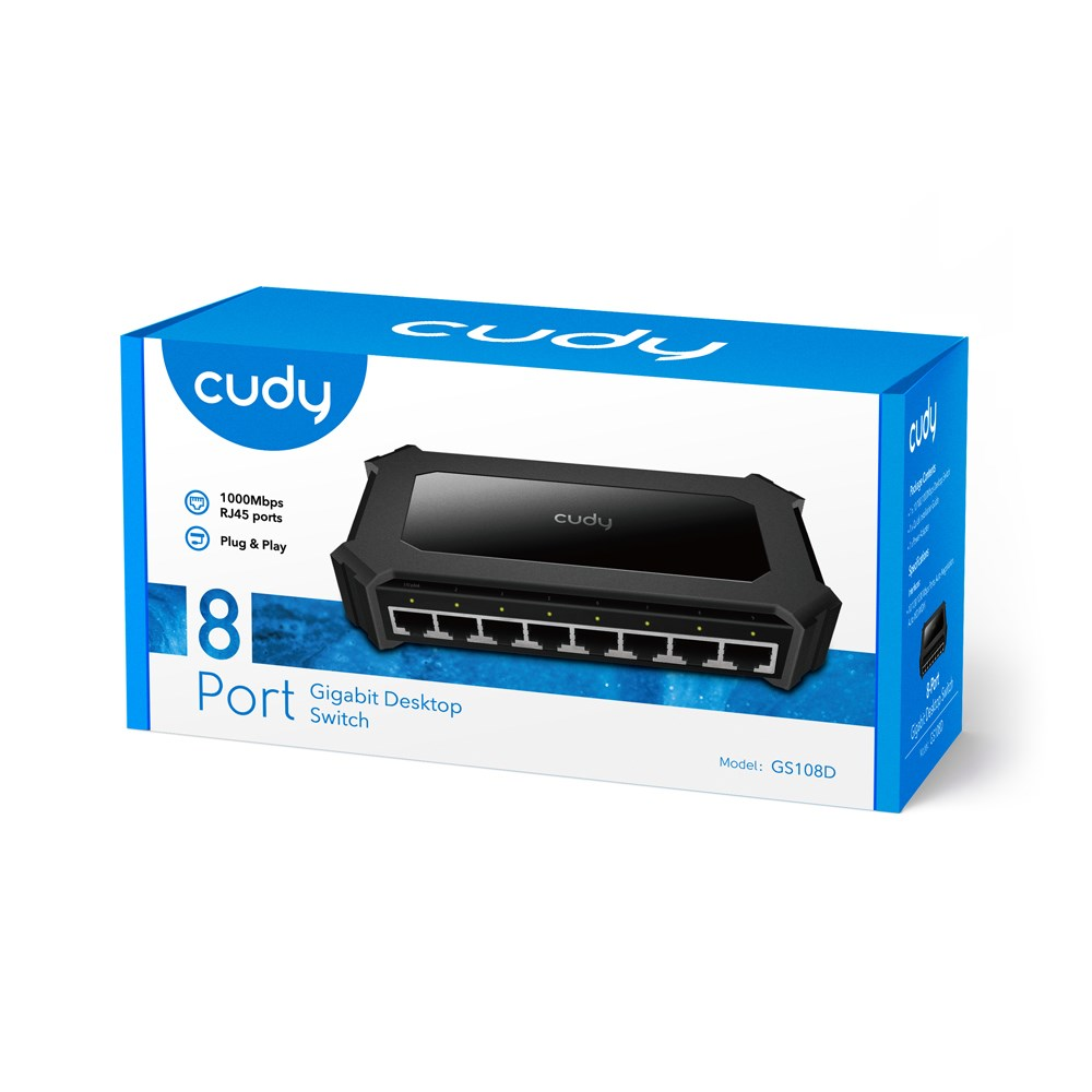 Un commutateur de bureau Gigabit 8 ports Cudy est exposé. Il est dans une boîte bleue avec le nom du produit et les spécifications.