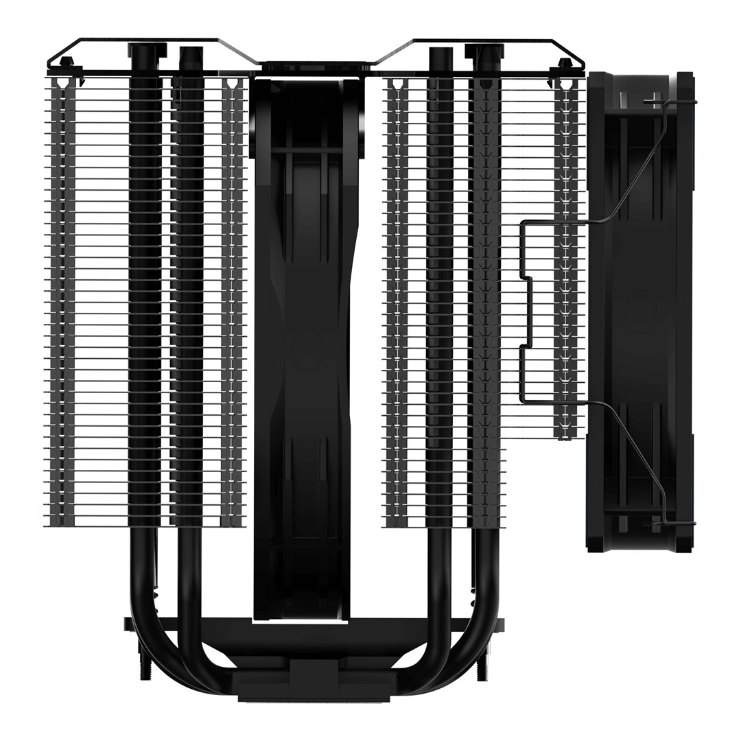 Czarny cooler CPU. Posiada radiator z żeberkami, wentylator i rury łączące. Tło jest białe.