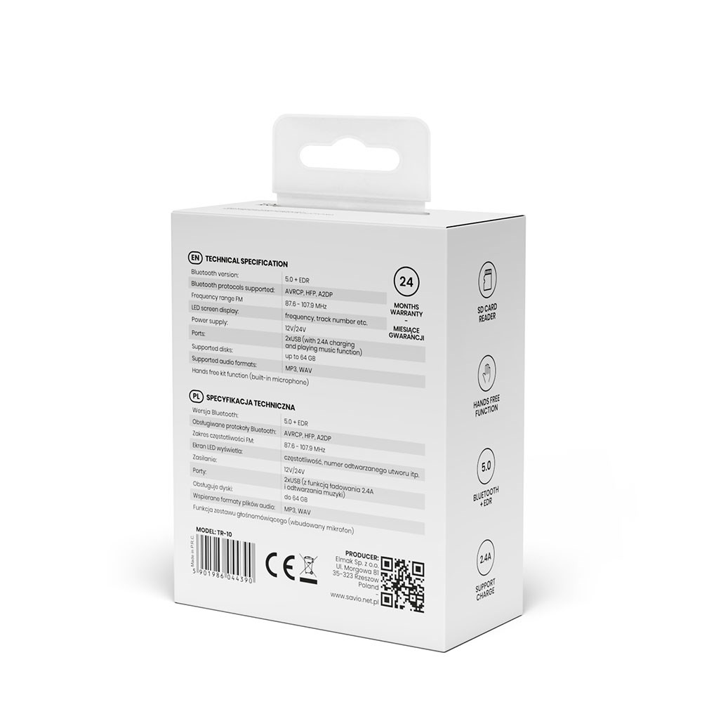 Witte productdoos met technische specificaties en QR-code op wit oppervlak.